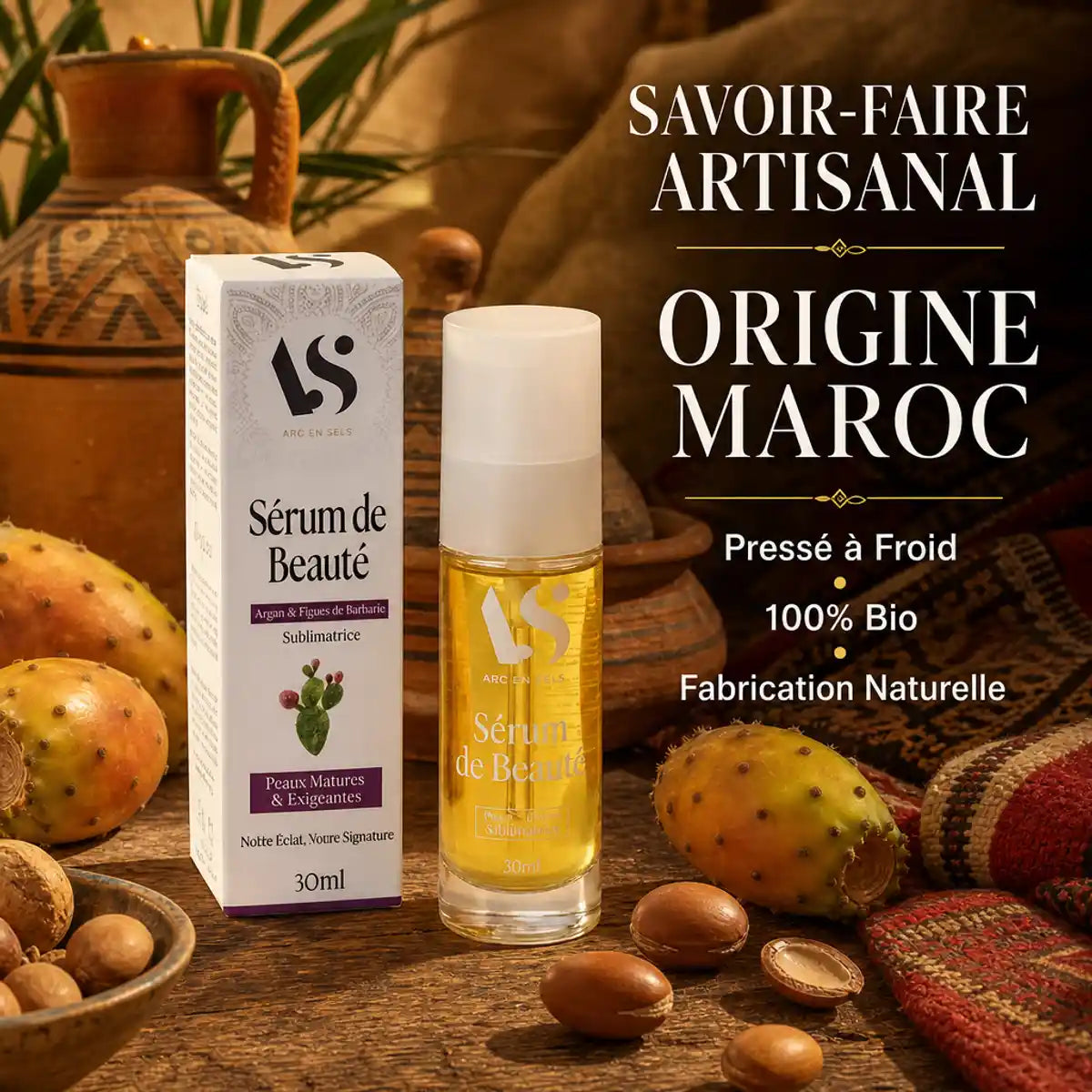 Sérum beauté Argan et Figue de Barbarie 30ml Arc en Sels, flacon packaging produit artisanal Maroc