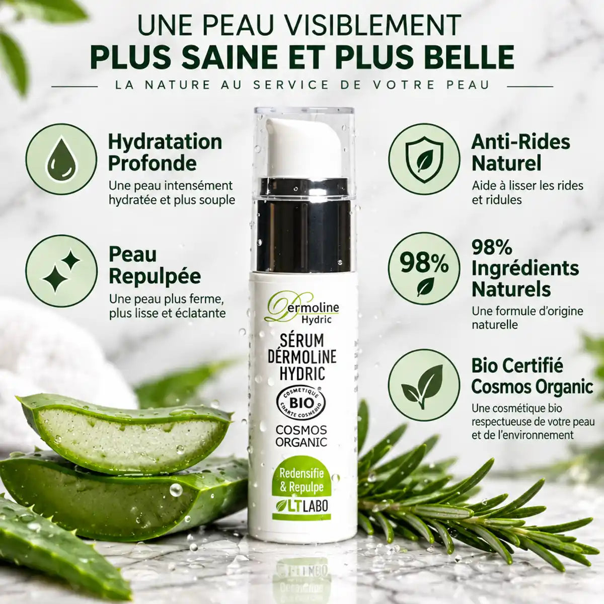 Sérum Dermoline Hydric 30ml bio avec ingrédients naturels, anti-rides et hydratant certifié Cosmos Organic
