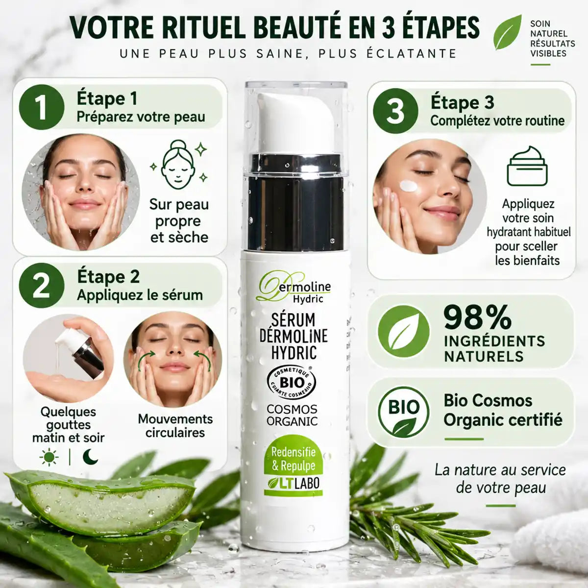 Sérum Dermoline Hydric 30ml anti-rides bio avec guide d'application en 3 étapes sur fond blanc