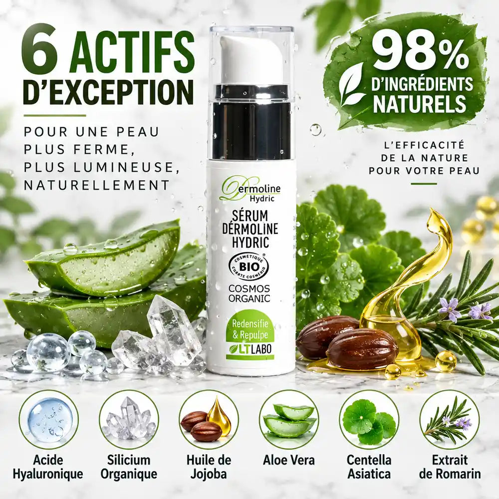 Flacon Dermoline Hydric sérum anti-rides bio avec 6 actifs naturels et ingrédients sur fond marbre blanc