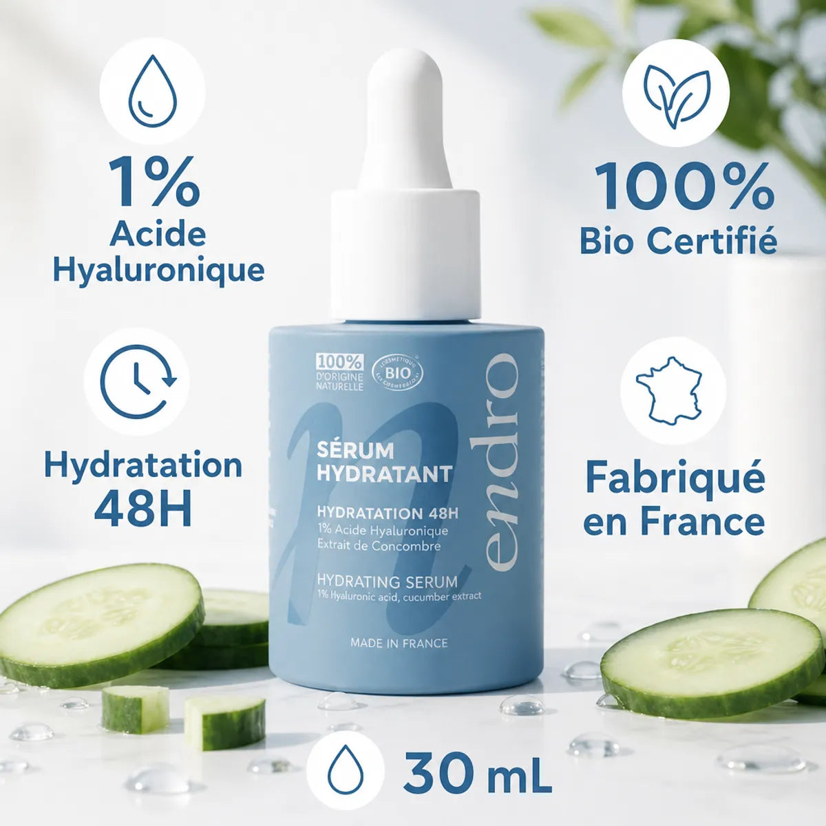 Sérum hydratant Endro 1% acide hyaluronique 30 mL avec concombre et spécifications produit