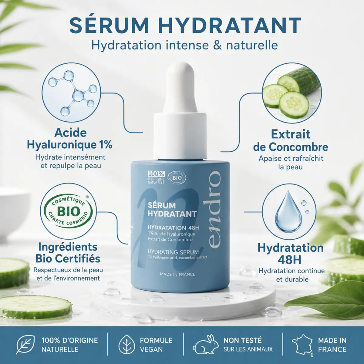 Sérum hydratant Endro 1% acide hyaluronique avec ingrédients bio et bénéfices hydratation 48h