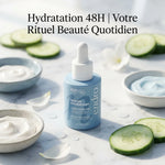 Sérum hydratant Endro 1% acide hyaluronique 30mL avec cucumber et gouttes d'eau sur marbre