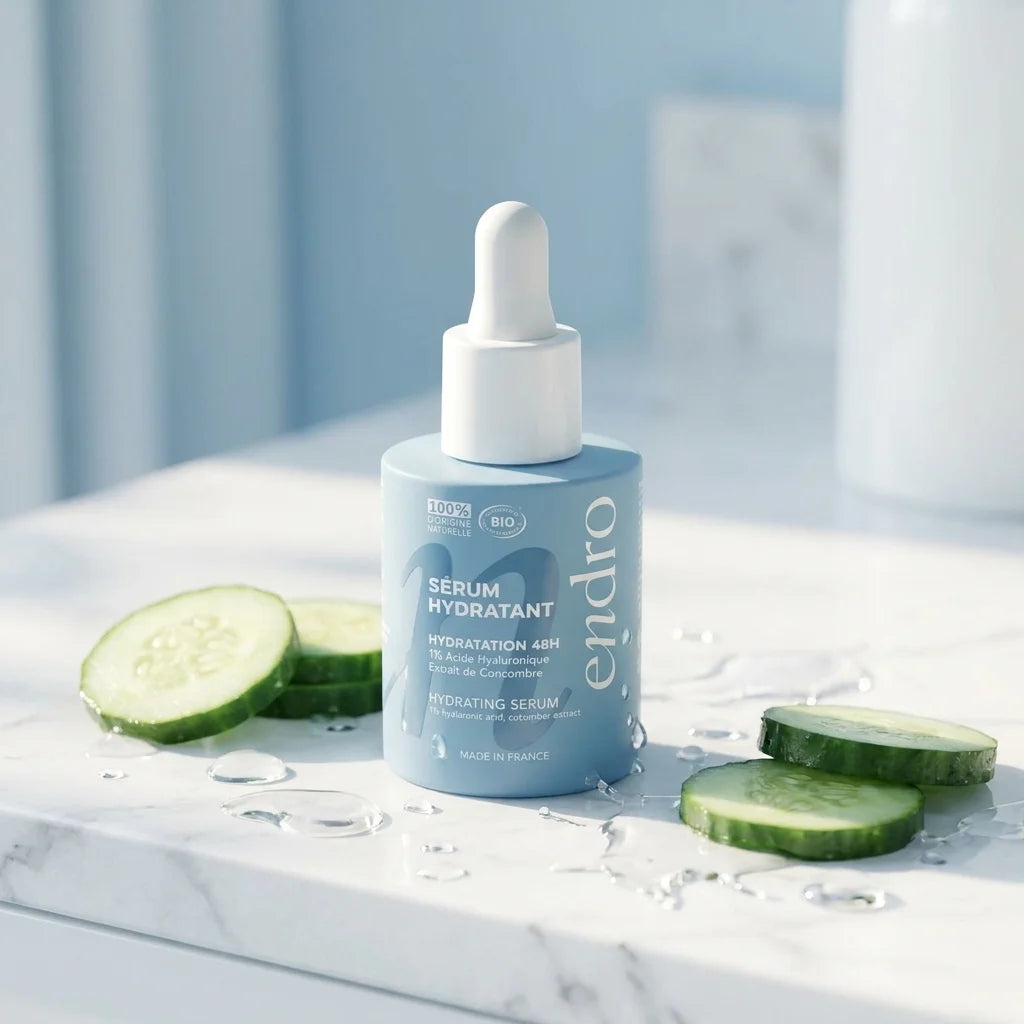 Sérum hydratant Endro 1% acide hyaluronique 30mL sur marbre avec concombre et gouttes d'eau