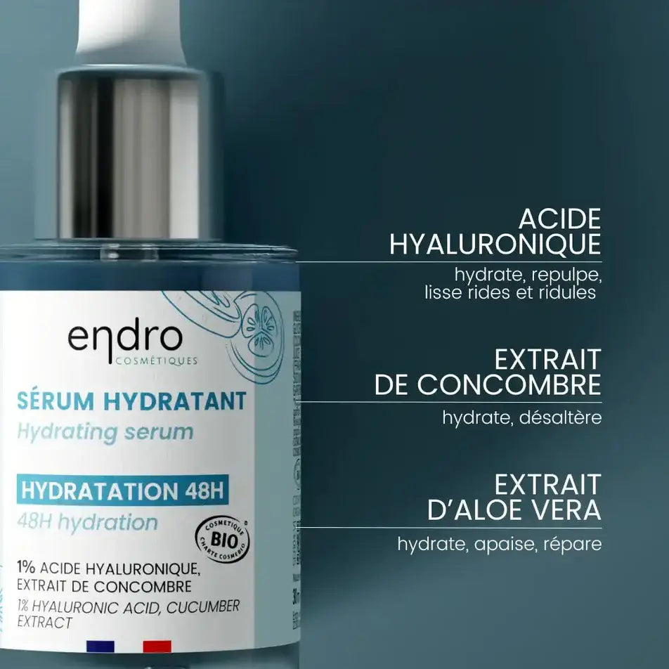 Les bienfaits des ingrédients du sérum hydratant 1% d’acide hyaluronique de 30 ml de la marque Endro
