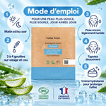 Sérum Hydratant Comme Avant 30ml en sachet kraft éco-recharge, mode d'emploi en 5 étapes sur fond bleu pâle, aloe vera