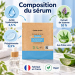 Sérum hydratant Comme Avant 30ml en recharge éco, sachet kraft et flacon compte-gouttes, acide hyaluronique 2,5 %, luzerne et aloe vera