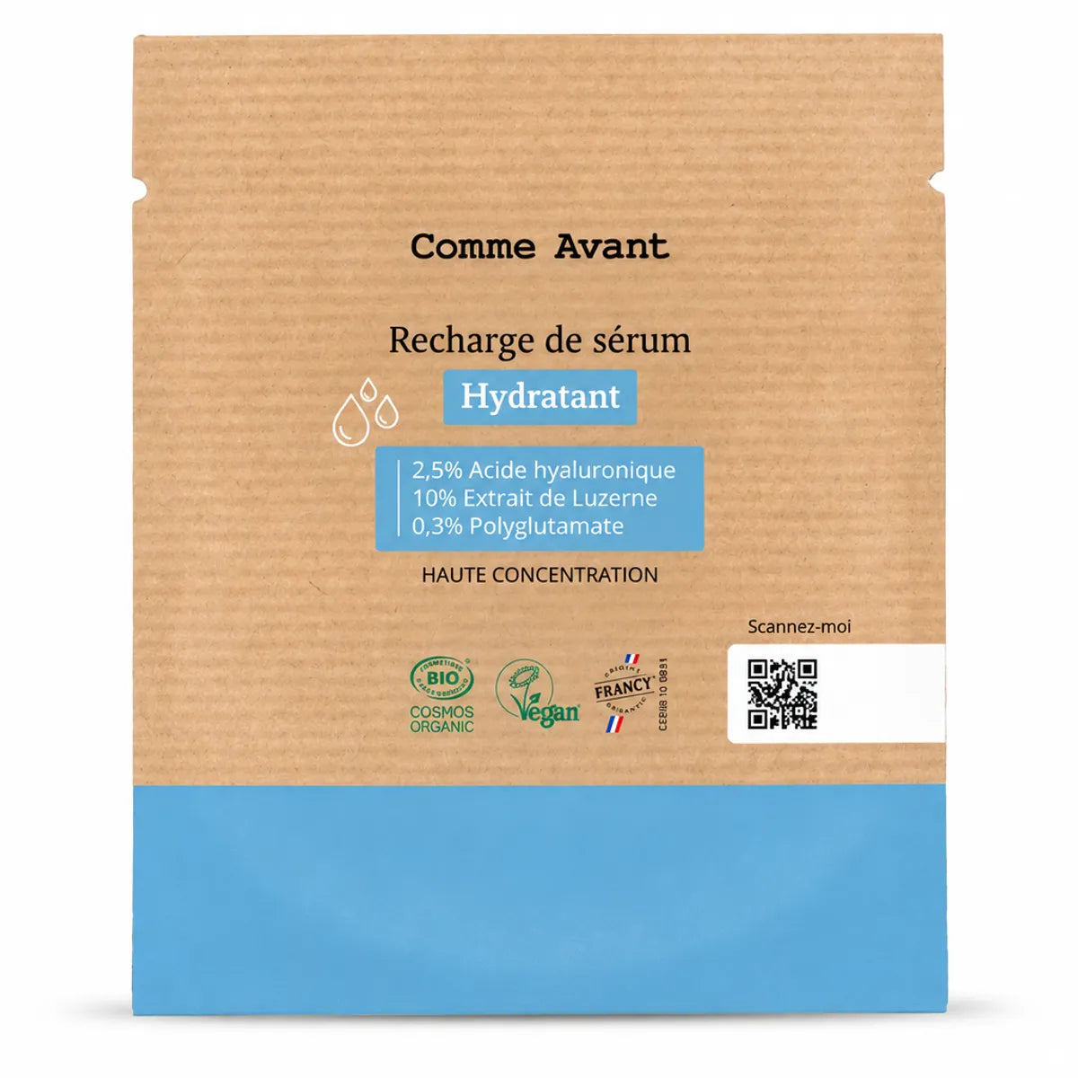 Sachet de recharge en papier kraft pour sérum hydratant Comme Avant 30ml, acide hyaluronique et extrait de luzerne, certifié bio