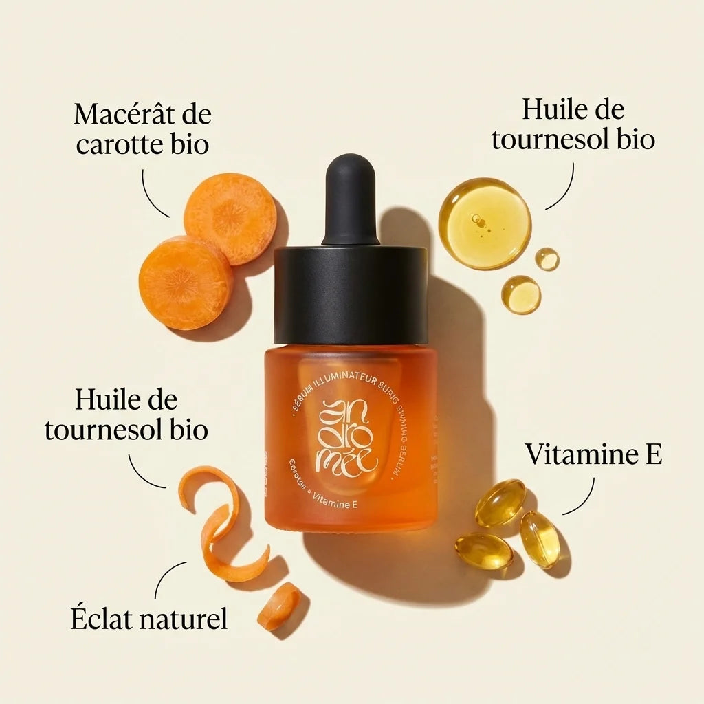 Sérum illuminateur Andromée 15ml avec ingrédients bio carotte, tournesol et vitamine E