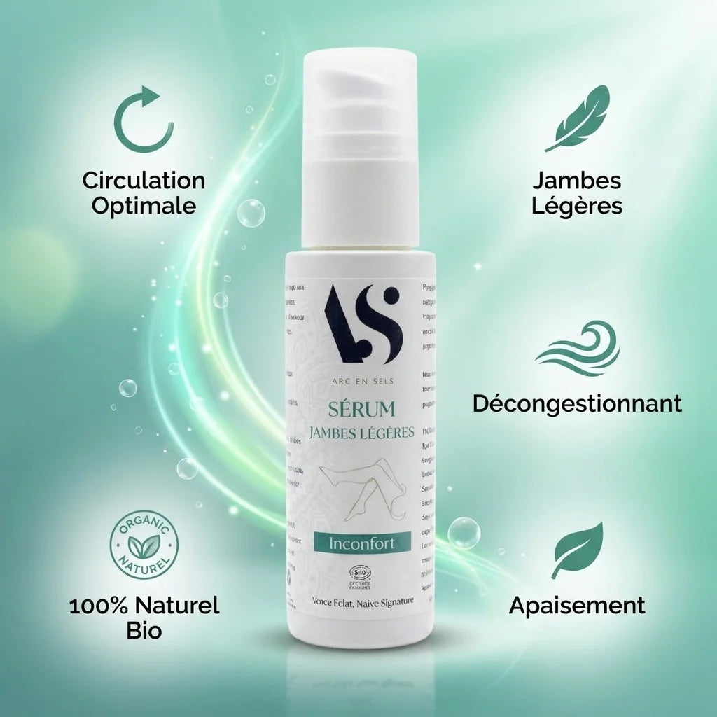 Sérum Jambes Légères Bio Arc en Sels avec icônes bénéfices circulation et décongestionnant