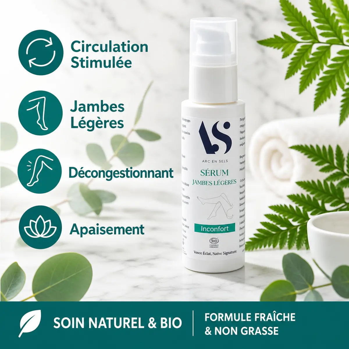 Sérum Jambes Légères Bio Arc en Sels avec bénéfices circulation et décongestionnant