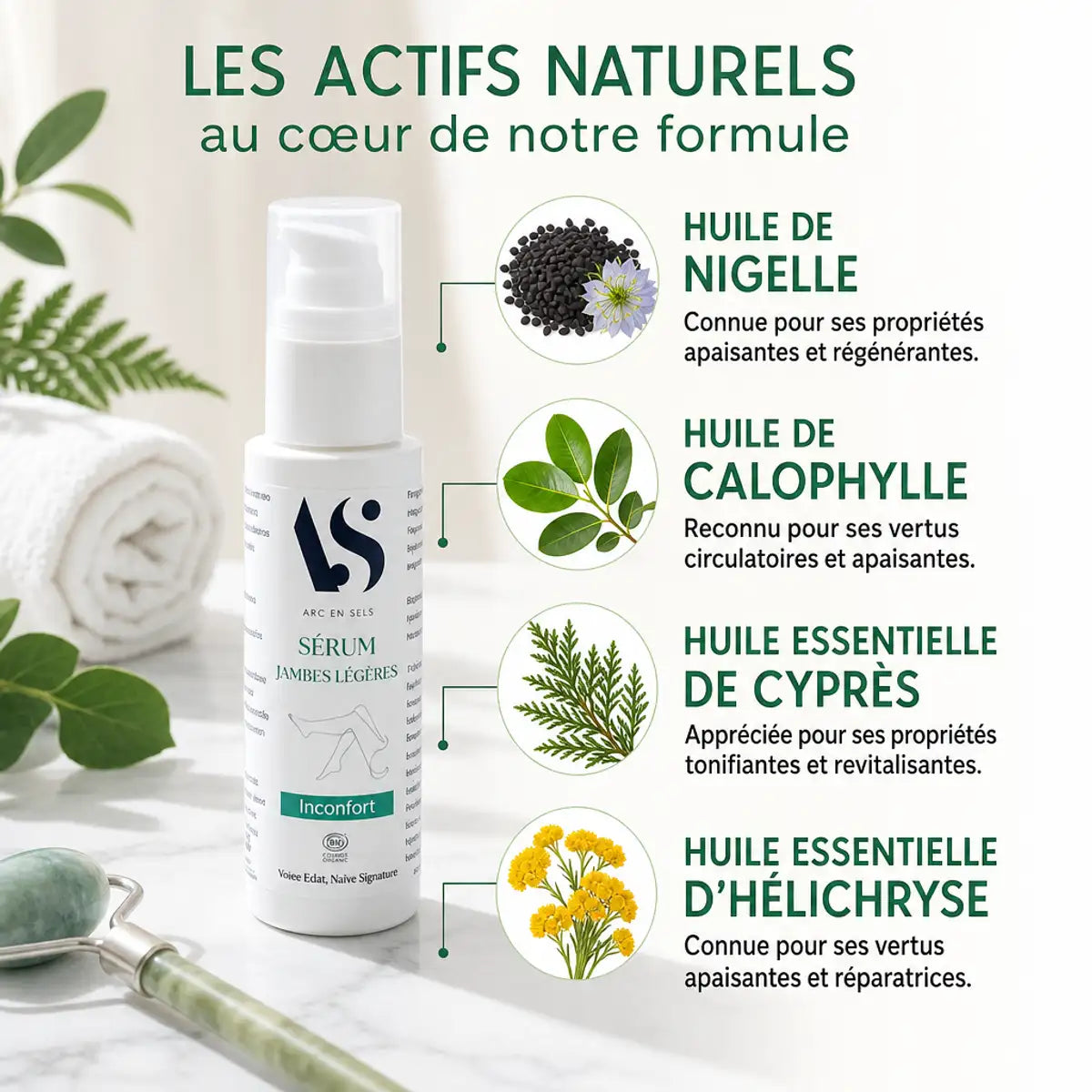 Sérum Jambes Légères Bio Arc en Sels avec ingrédients naturels : nigelle, calophylle, cyprès et hélichryse