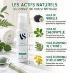 Sérum Jambes Légères Bio Arc en Sels avec ingrédients naturels : nigelle, calophylle, cyprès et hélichryse