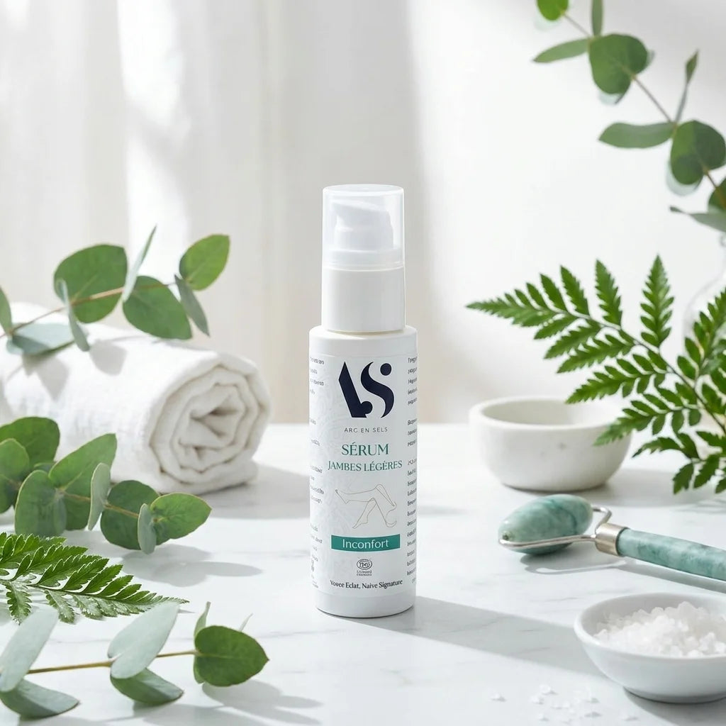 Sérum Jambes Légères Bio Arc en Sels flacon blanc avec étiquette teal, entouré d'éléments botaniques