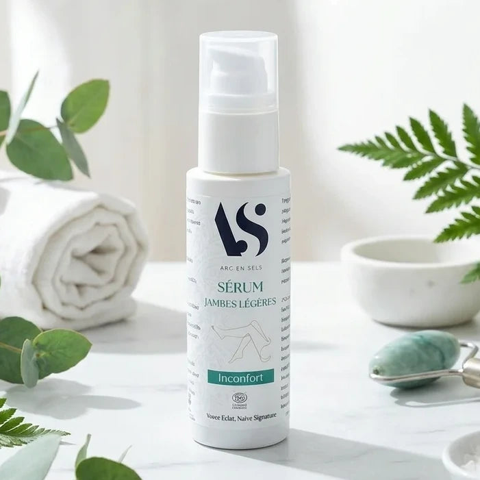 Sérum Jambes Légères Bio Arc en Sels flacon blanc avec étiquette teal, entouré d'éléments botaniques