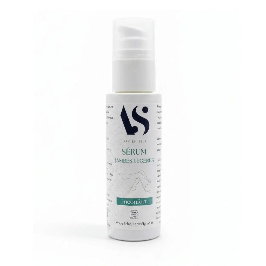 Sérum Jambes Légères Bio Arc en Sels - flacon pompe blanc avec logo bleu
