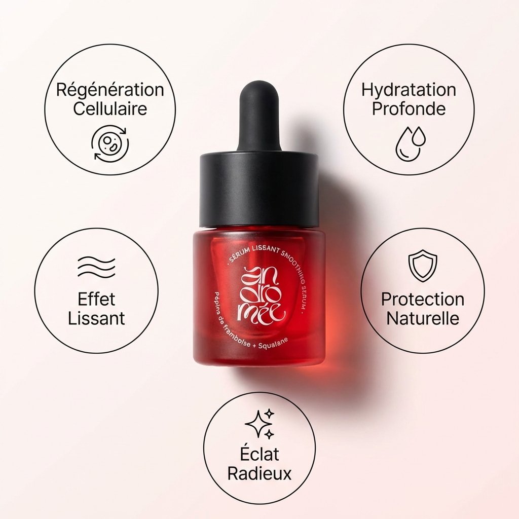 Sérum Lissant Framboise & Squalane Andromée avec 5 bénéfices clés en infographie