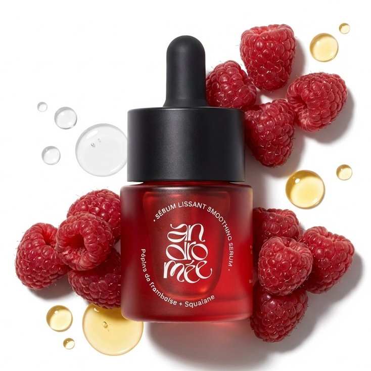 Sérum lissant framboise squalane Andromée 15ml en flacon verre rouge avec framboises fraiches