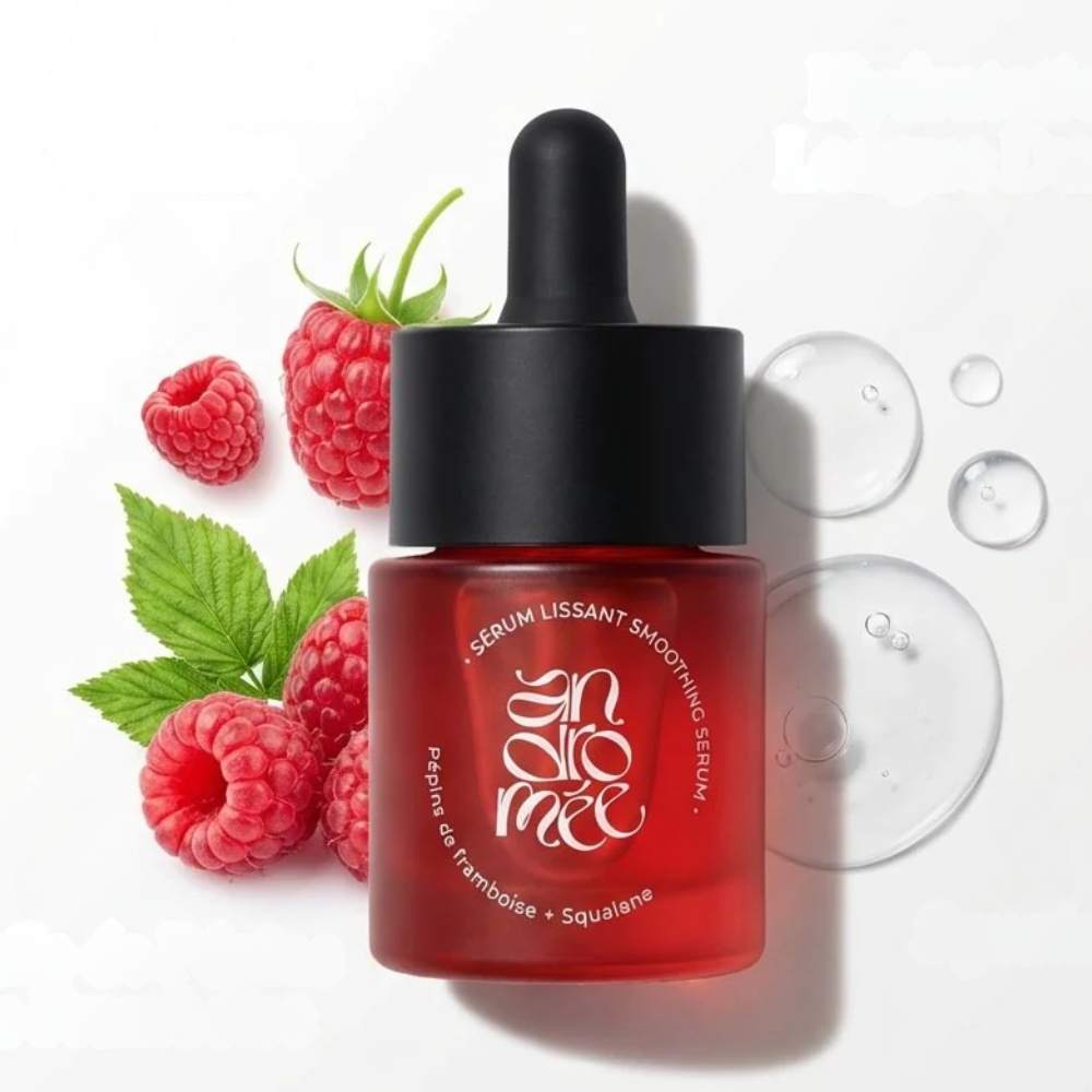 Sérum lissant framboise squalane Andromée 15ml en flacon verre rouge avec framboises fraiches