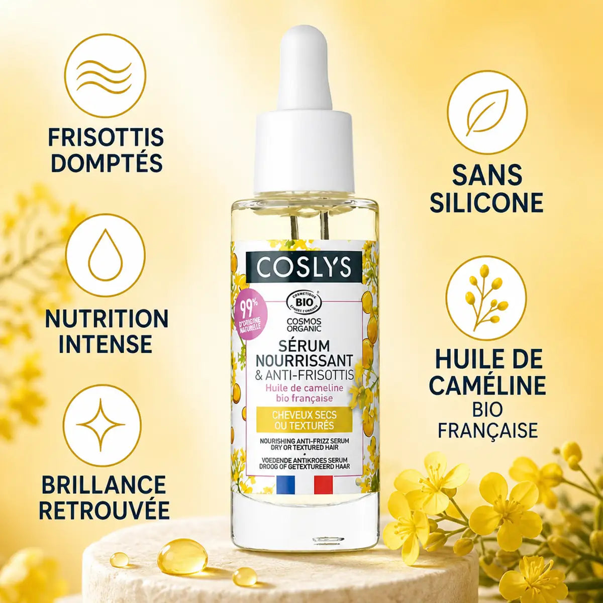 Sérum nourrissant bio Coslys 30ml - Huile caméline, nutrition intense, brillance et frisottis domptés