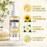 Sérum nourrissant bio Coslys 30ml avec ingrédients naturels: cameline, tournesol, camélia et vitamine E