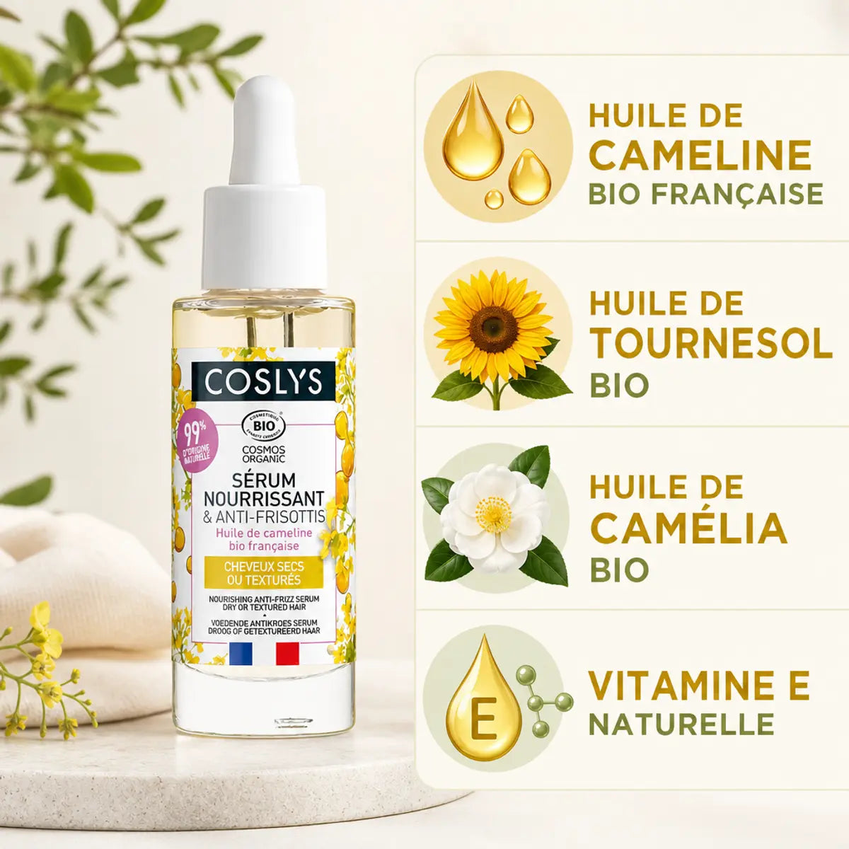 Sérum nourrissant bio Coslys 30ml avec ingrédients naturels: cameline, tournesol, camélia et vitamine E