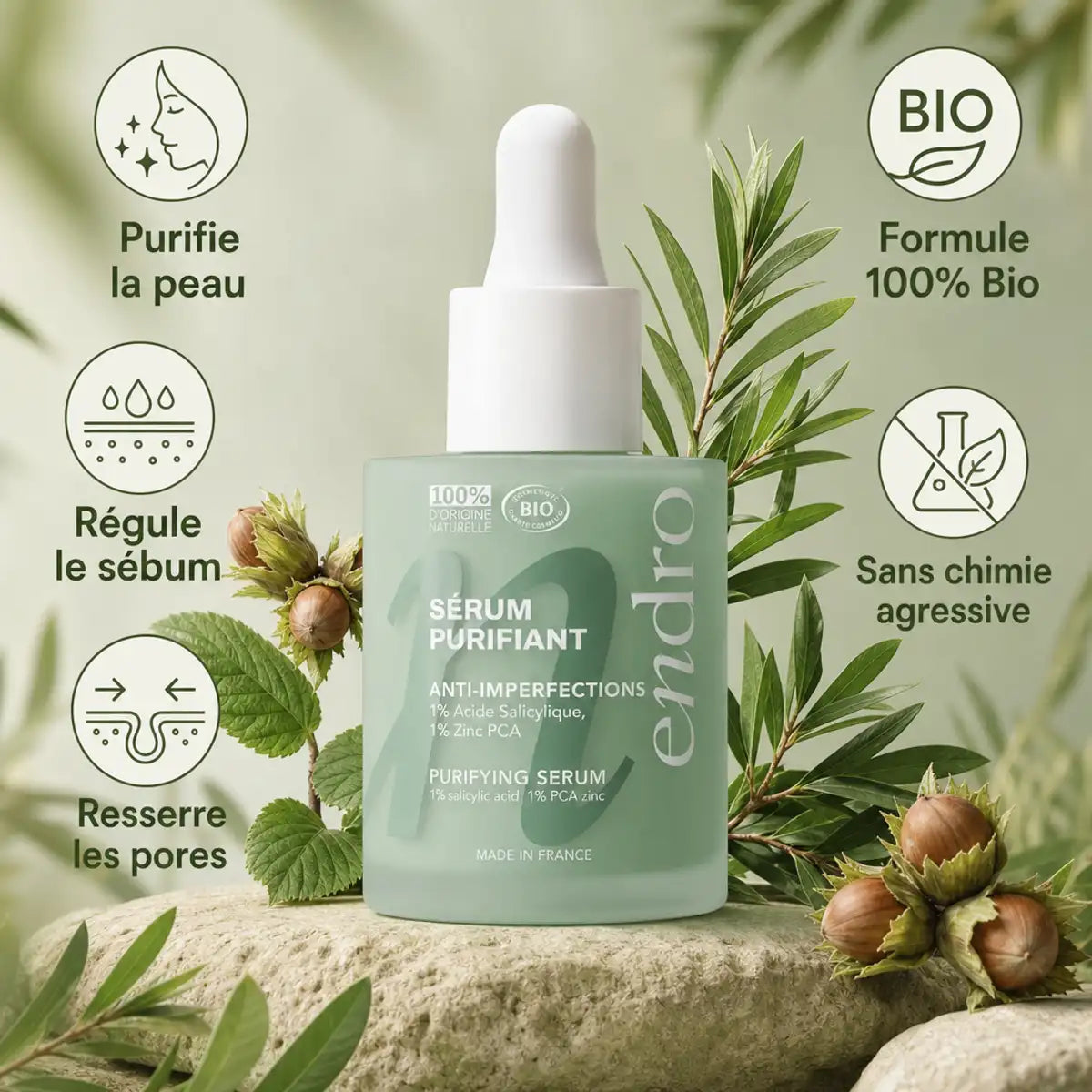 Sérum Purifiant Anti-imperfections Endro 30ml avec ingrédients botaniques et bénéfices peau