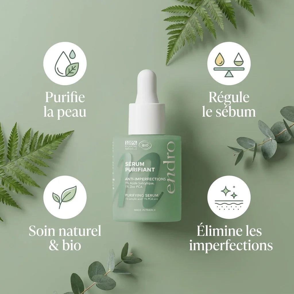 Sérum Purifiant Endro 30ml - Infographie bénéfices anti-imperfections peau