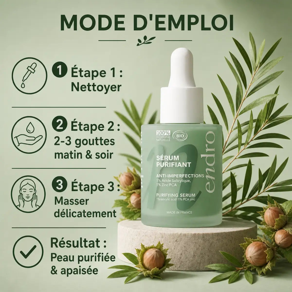 Sérum Purifiant Endro 30ml avec mode d'emploi, flacon verre vert et éléments botaniques