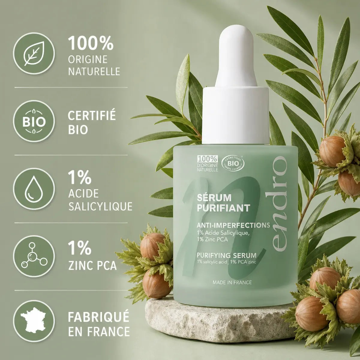 Sérum Purifiant Endro 30ml - Flacon verre vert avec ingrédients naturels et certifications bio