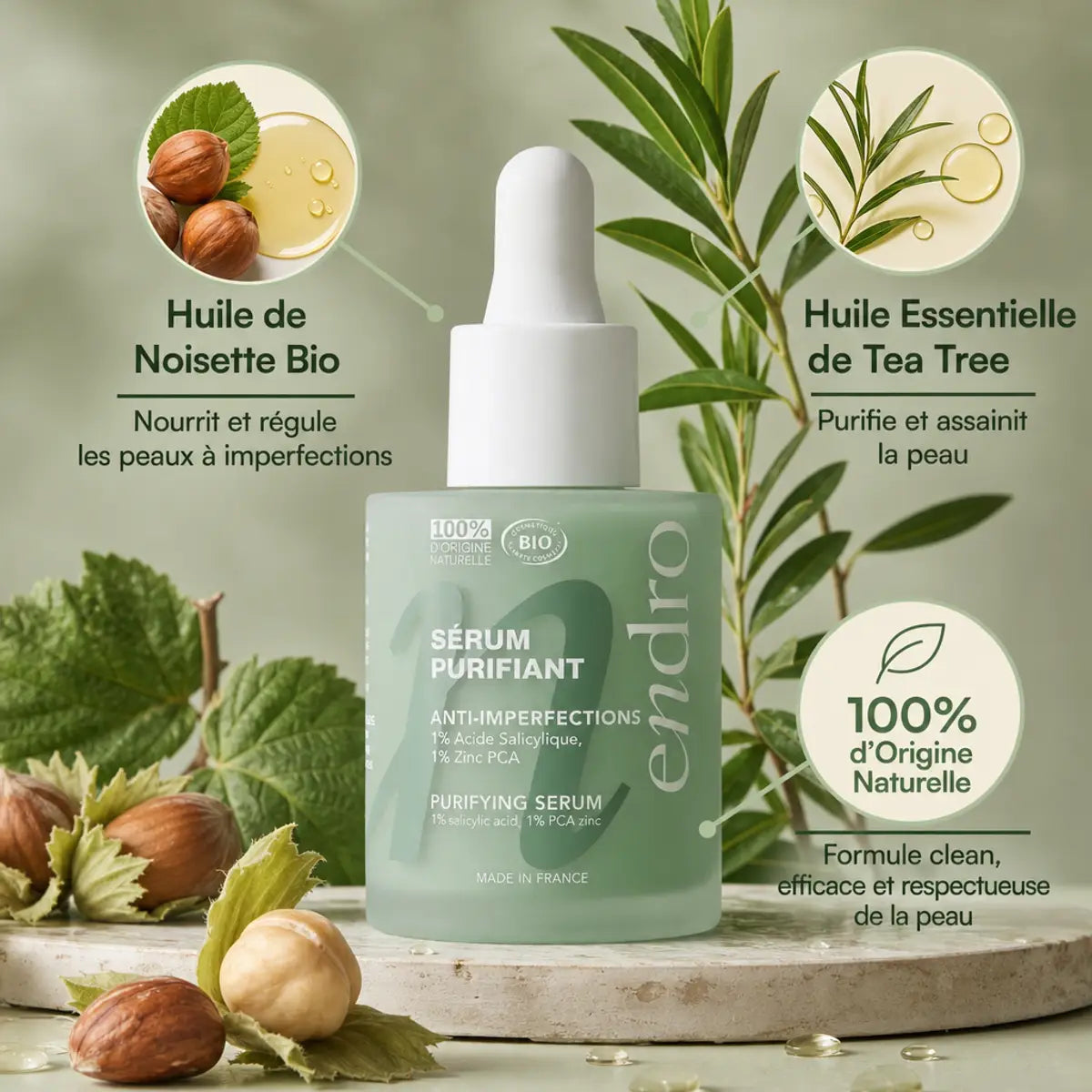 Sérum Purifiant Endro 30ml avec ingrédients naturels tea tree et huile de noisette bio