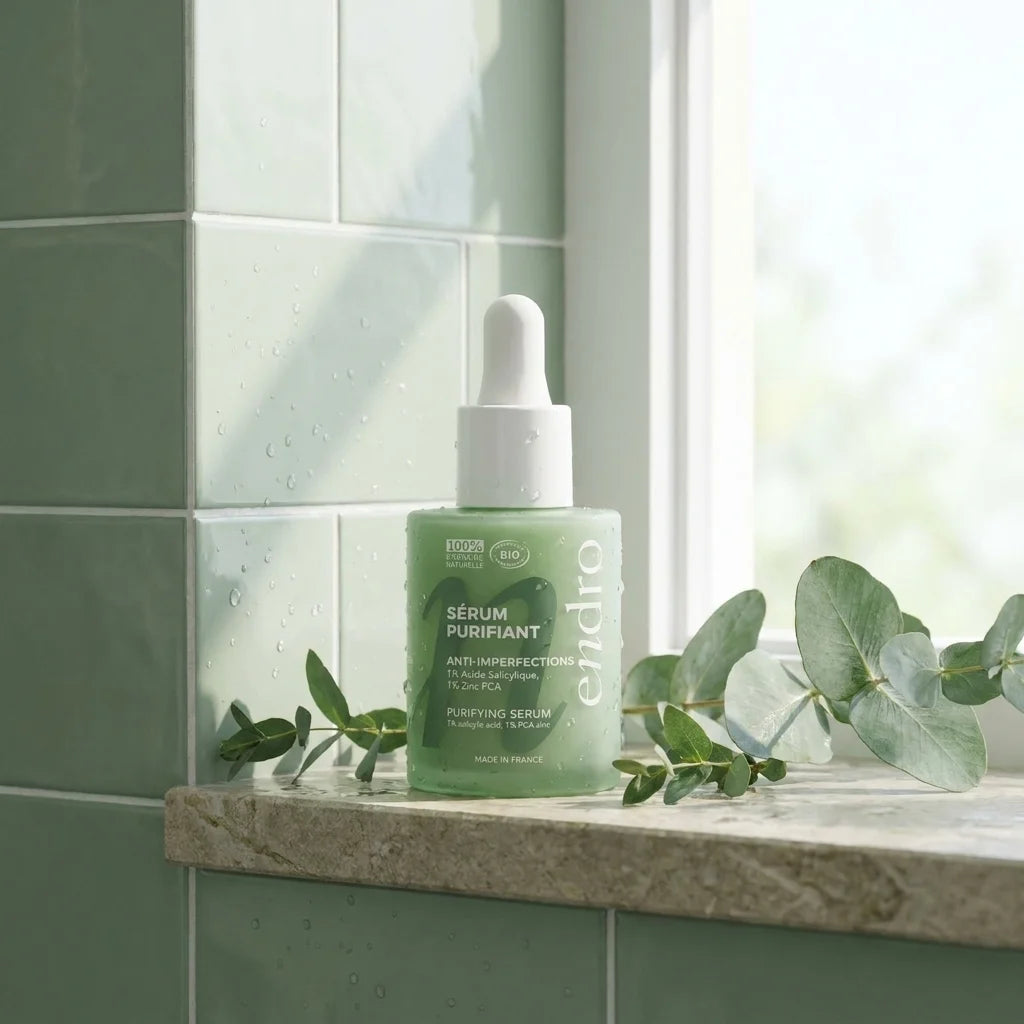 Sérum Purifiant Endro 30ml flacon verre vert dans salle de bains moderne