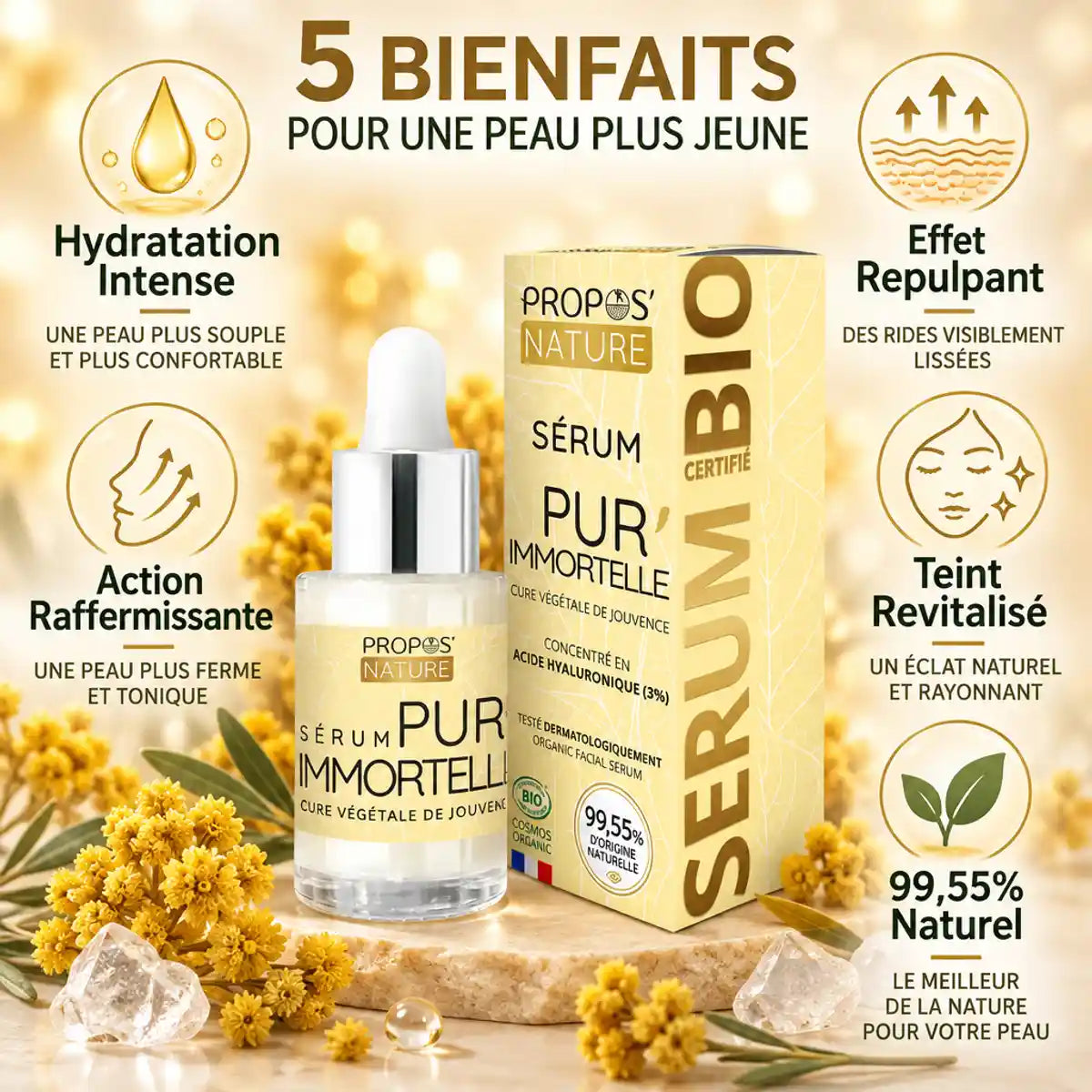 Sérum Pur'Immortelle bio 30ml Propos'Nature avec bénéfices hydratation et effet repulpant