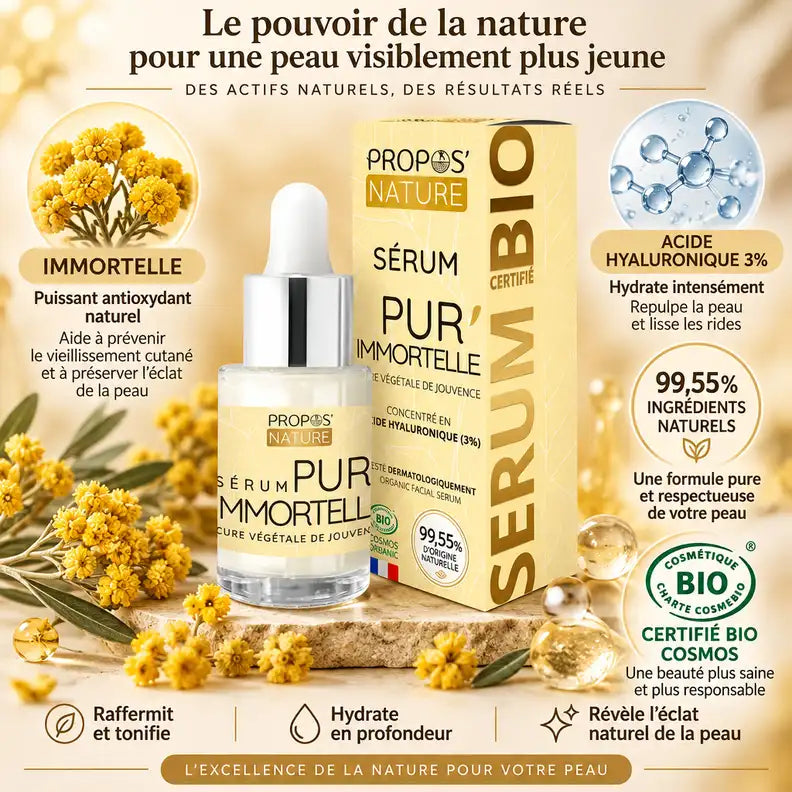 Sérum Pur'immortelle bio 30ml avec ingrédients naturels et acide hyaluronique sur fond doré