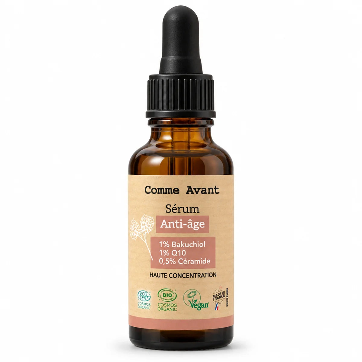 Flacon en verre ambré de sérum anti-âge Comme Avant 30 ml avec pipette noire, bakuchiol, Q10 et céramide, sur fond blanc