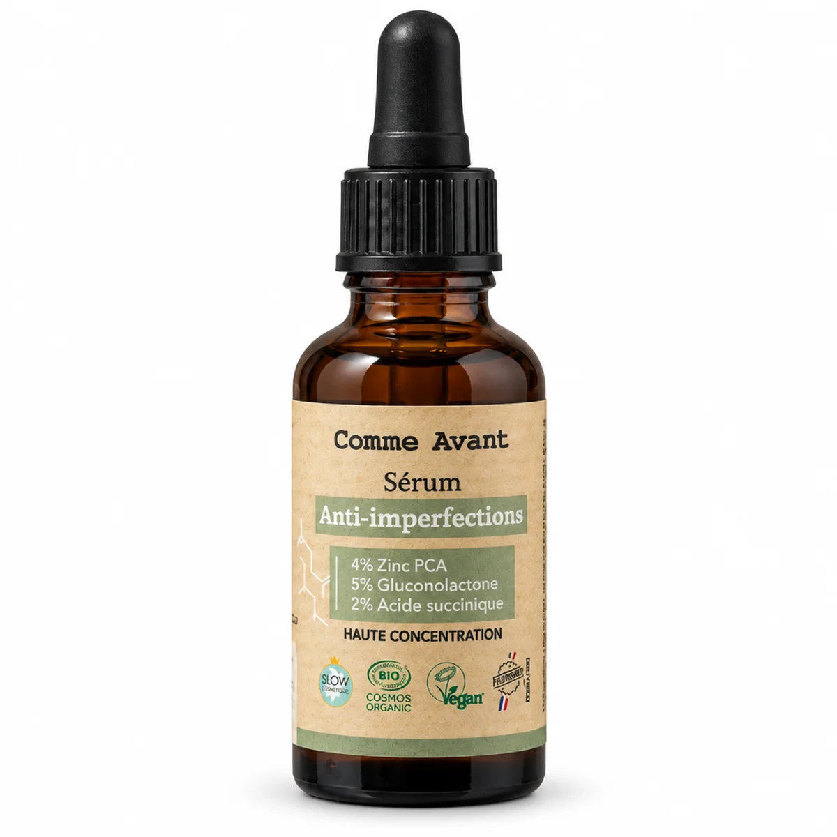 Flacon compte-gouttes en verre ambré de sérum visage Comme Avant 30 ml, anti-imperfections et anti-tâches, fond blanc