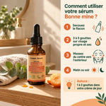 Sérum visage bonne mine Comme Avant 30 ml, flacon compte-gouttes ambré et guide d'utilisation en 4 étapes