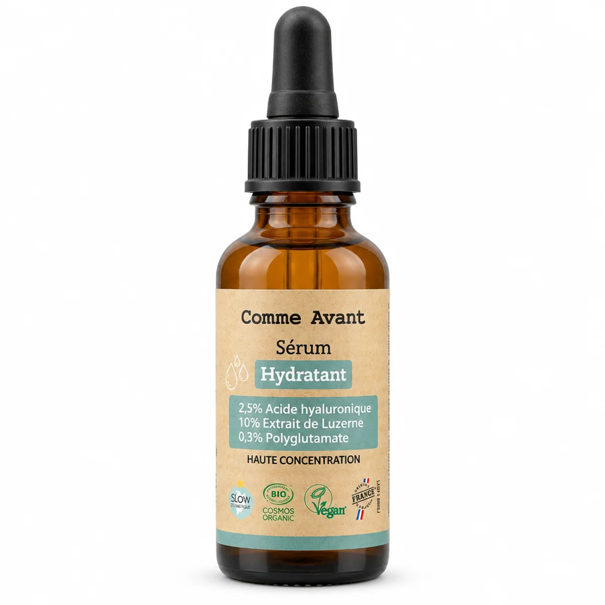 Flacon compte-gouttes en verre ambré du sérum visage hydratant Comme Avant, 30 ml, avec étiquette kraft et mention haute concentration