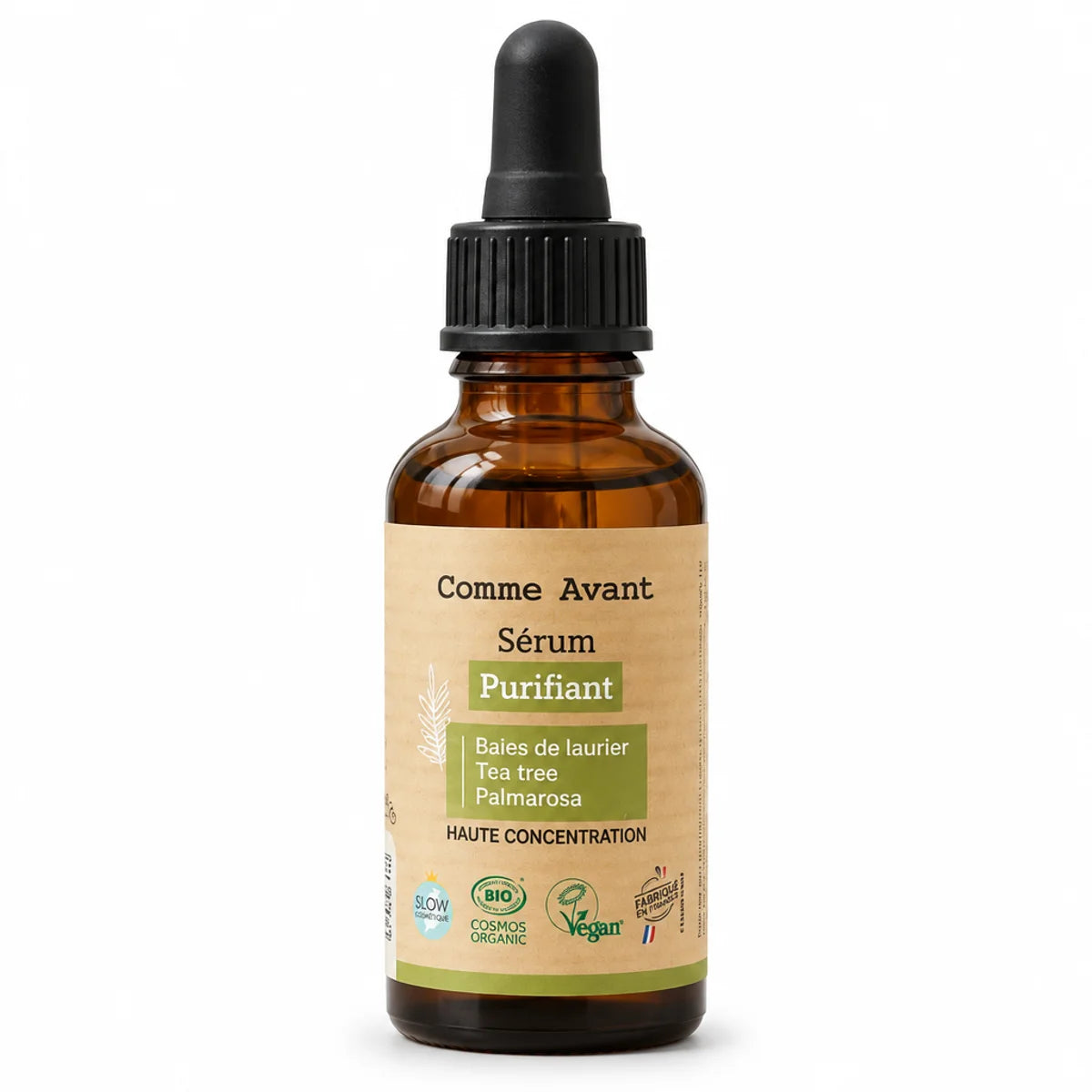 Sérum visage purifiant Comme Avant 30 ml en flacon compte-gouttes ambré, baies de laurier, tea tree et palmarosa