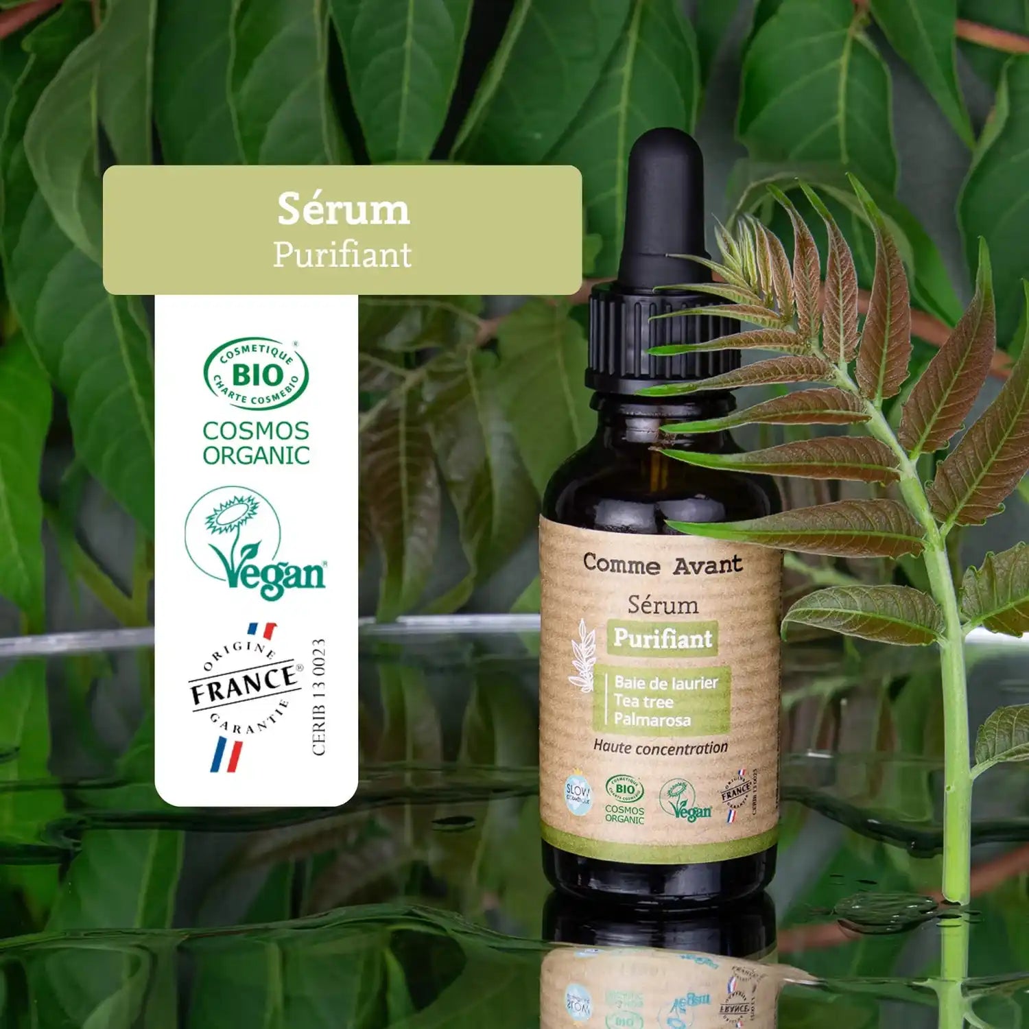 Les labels et certifications du sérum visage purifiant de 30 ml de la marque Comme Avant