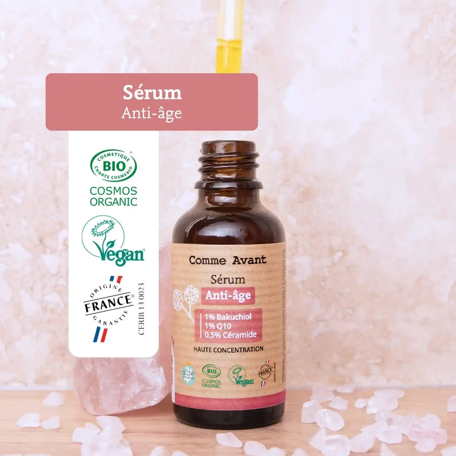 Les labels et certifications du sérum visage anti-âge de 30 ml de la marque Comme Avant