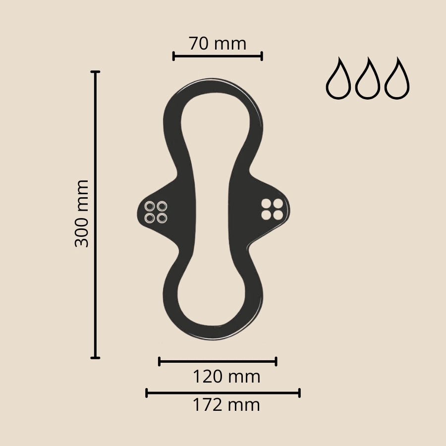 Les dimensions de la serviette hygiénique lavable pour flux abondant de la marque Bambaw