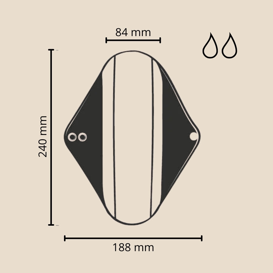 La taille des serviettes hygiéniques lavables pour flux modérés de la marque Bambaw 
