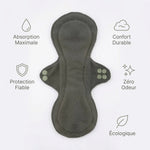 Serviette hygiénique lavable Bambaw flux abondant avec icônes bénéfices: absorption, confort, protection, zéro odeur, écologie