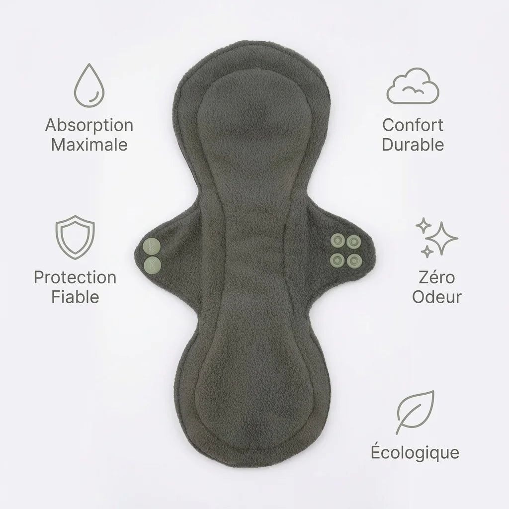 Serviette hygiénique lavable Bambaw flux abondant avec icônes bénéfices: absorption, confort, protection, zéro odeur, écologie