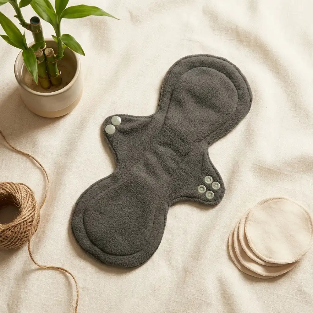 Serviette hygiénique lavable Bambaw grise flux abondant sur fond lin naturel