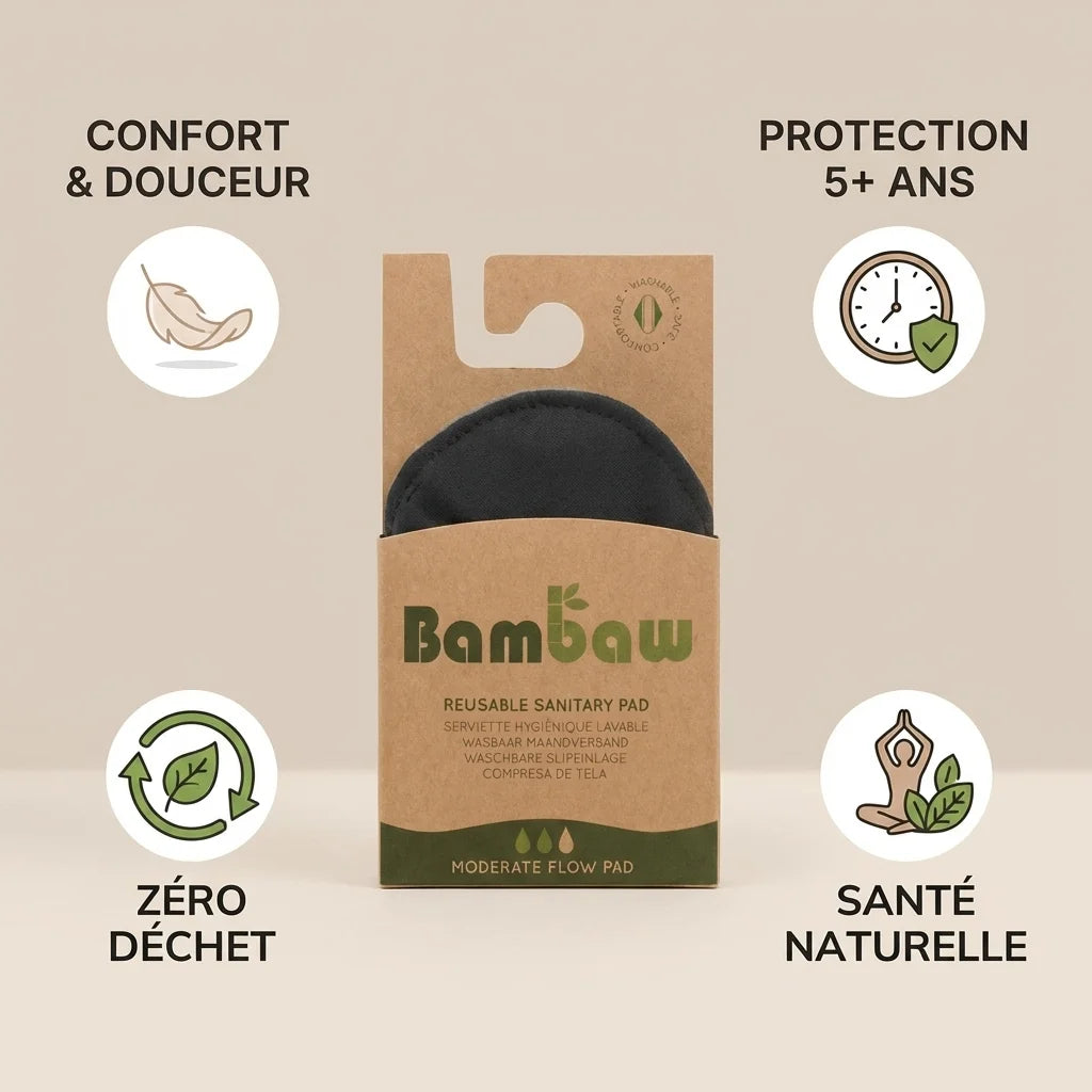 Serviette hygiénique lavable Bambaw flux moyen - protection réutilisable zéro déchet