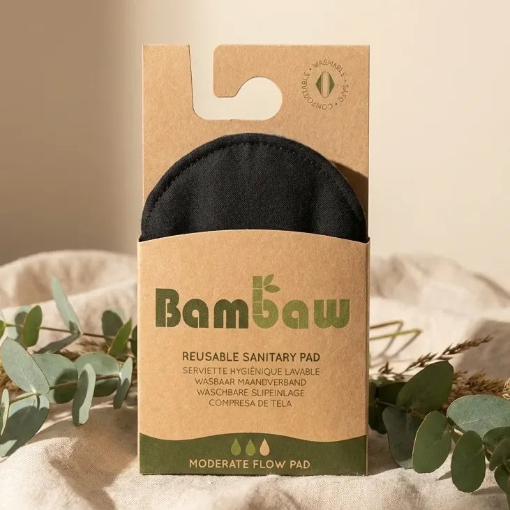 Serviette hygiénique lavable Bambaw flux moyen sur tissu lin avec éléments botaniques naturels