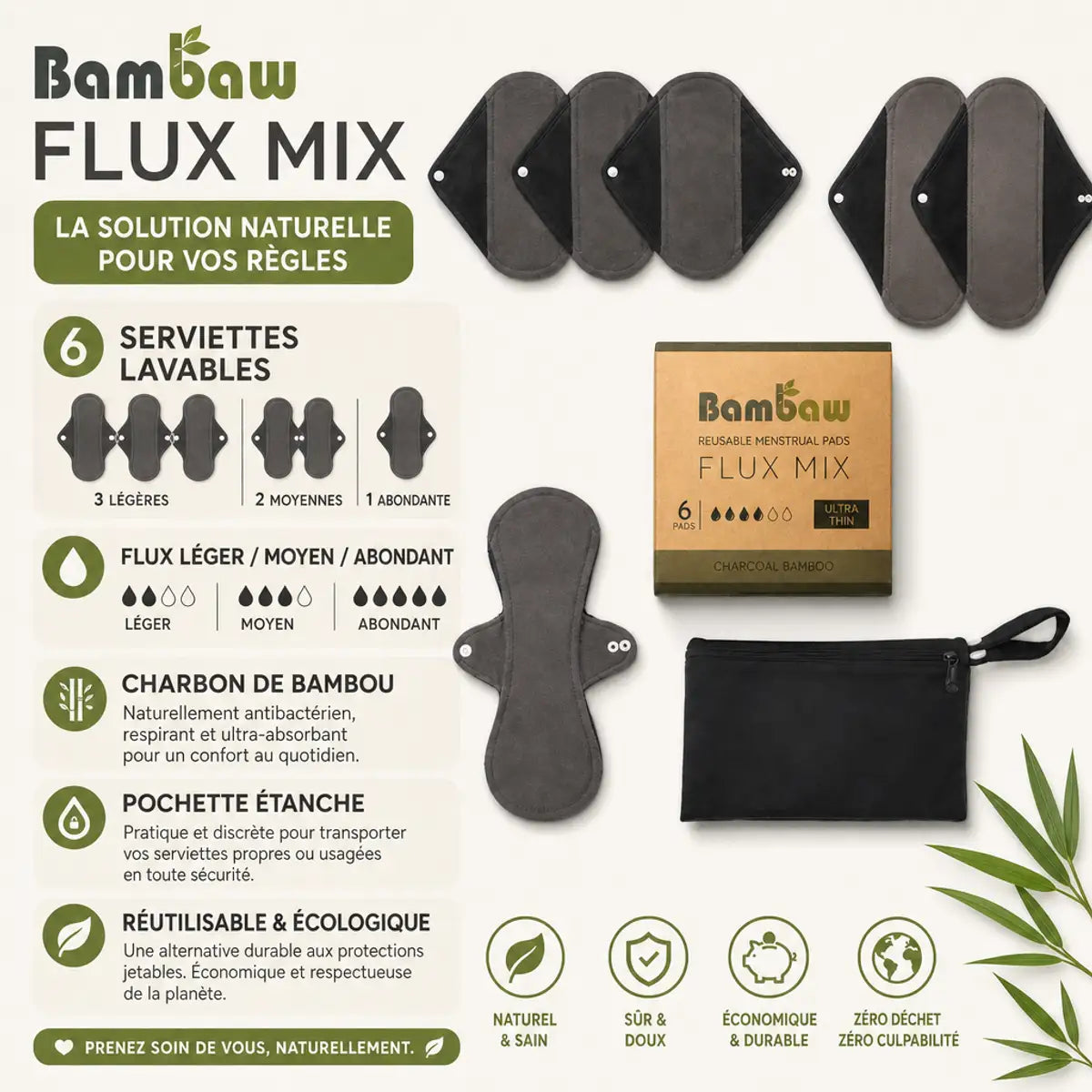 Serviettes lavables Bambaw flux mixte x6 avec pochette étanche, produit écologique réutilisable