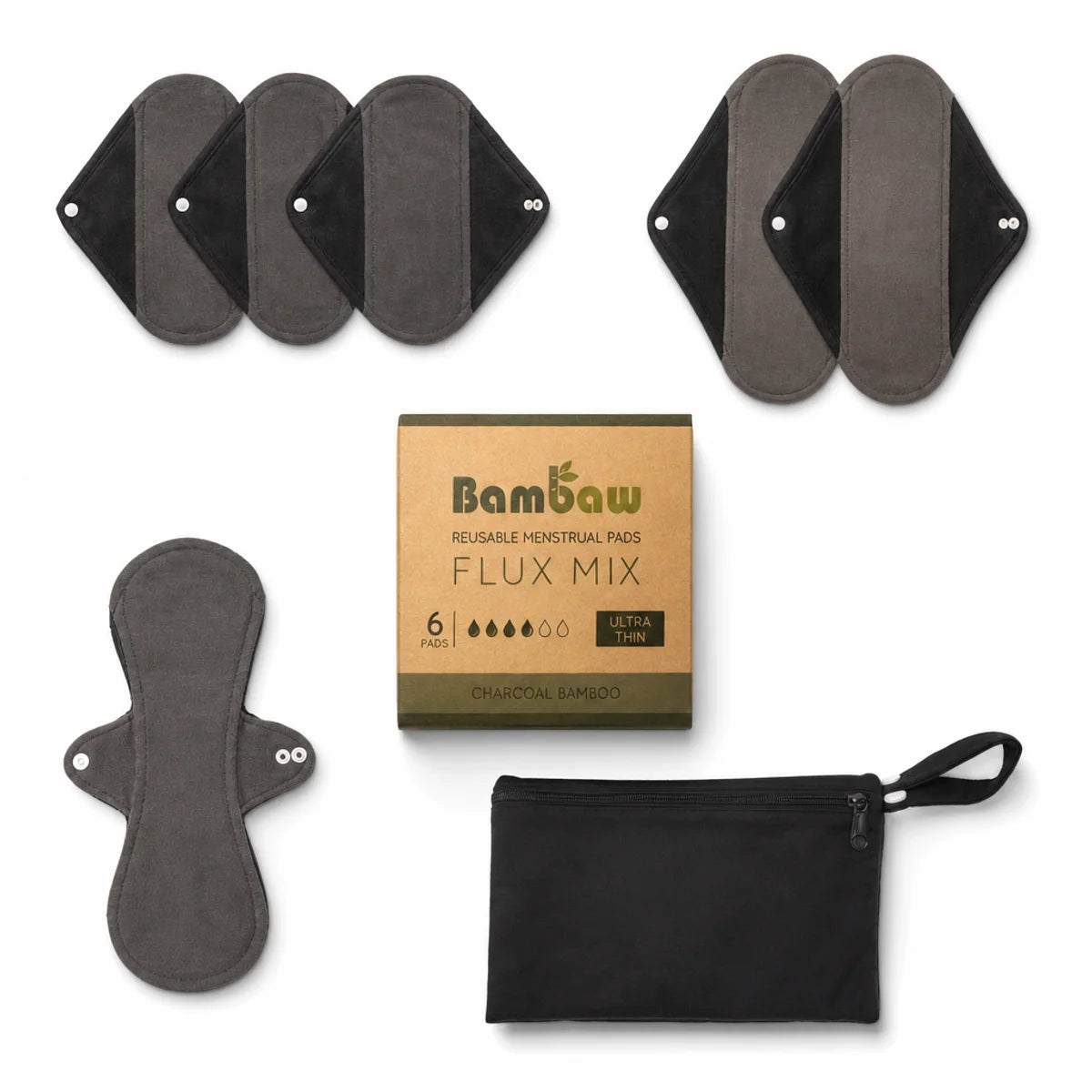 Serviettes lavables Bambaw flux mixte avec pochette de transport - kit de 6 pads réutilisables